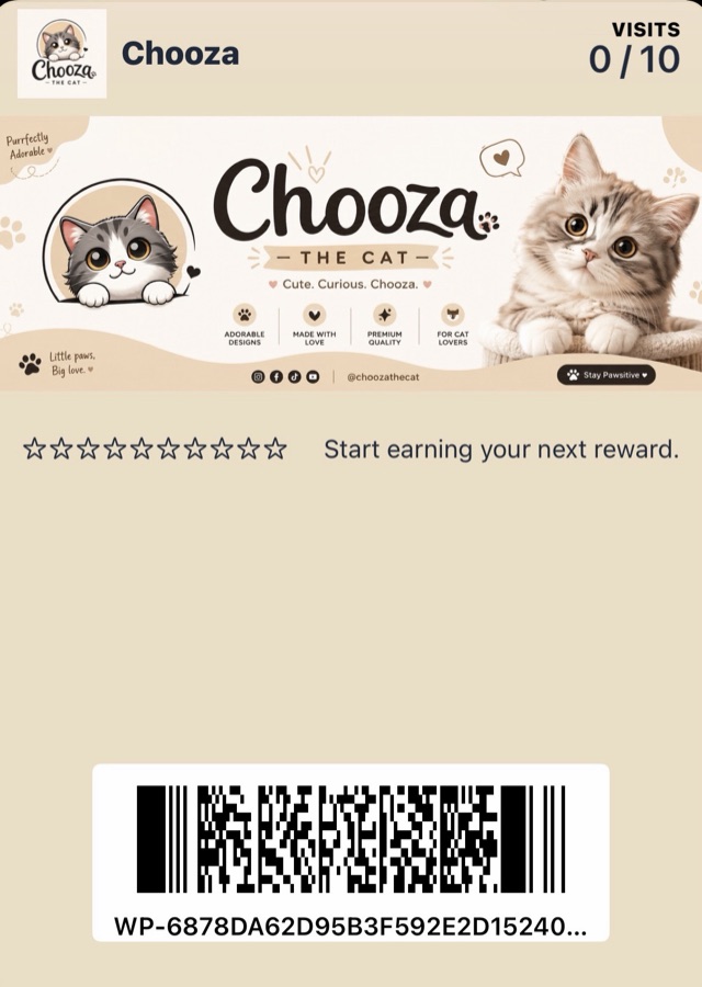 Chooza loyalty stamp card in Apple Wallet: 0 of 10 visits, star stamps, scannable barcode
