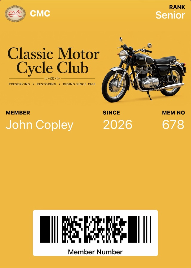 Classic Motor Cycle Club membership card in Apple Wallet: rank Senior, member name and number