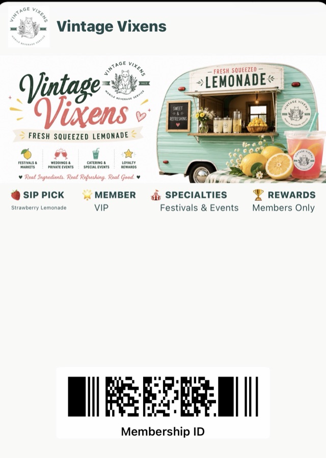 Vintage Vixens VIP rewards card in Apple Wallet with member perks and membership barcode